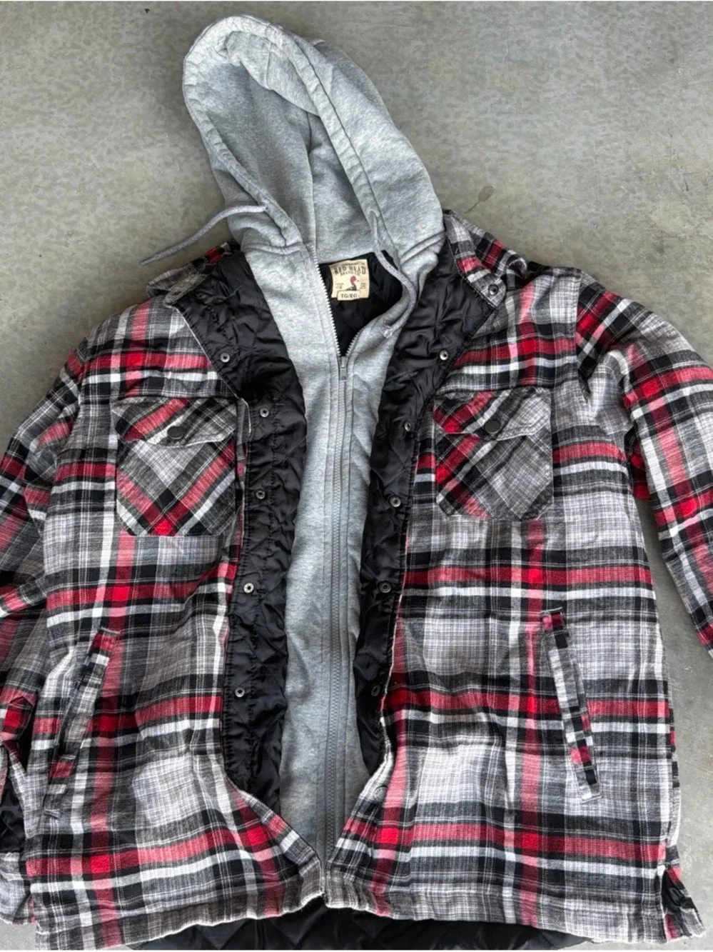 Men's Layered Plaid Hooded Jacket - Red/Gray